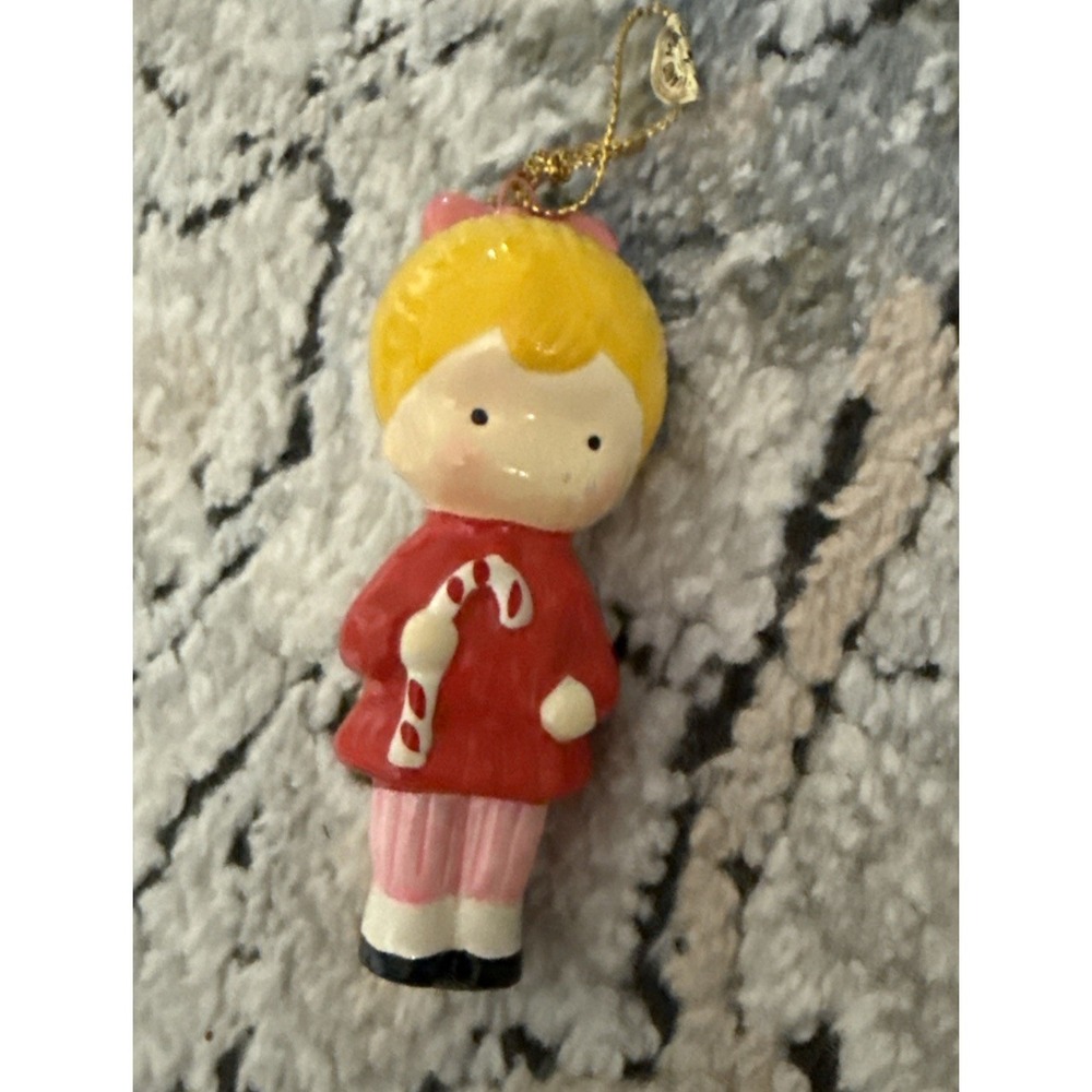 Joan Walsh Anglund Ceramic 2.5" Christmas Ornament Candy Cane Girl 1972 Vintage